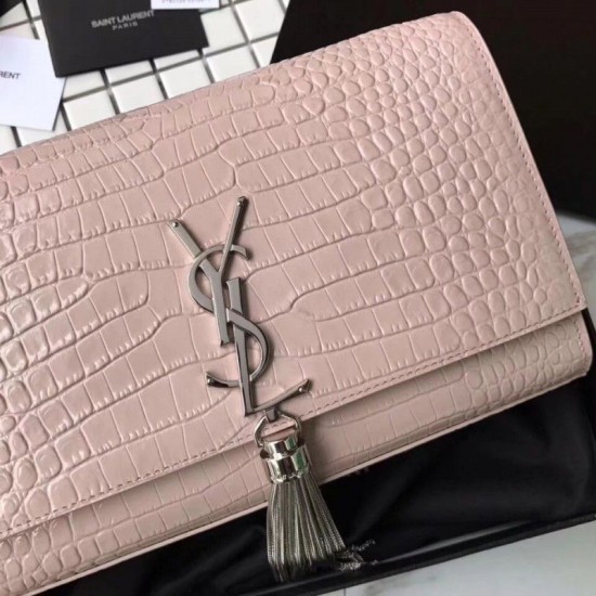 Replica YSL Saint Laurent Medium Kate Monogram Tassel Croco Leather Shoulder Bag Apricot