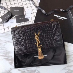 Fake YSL Saint Laurent Medium Kate Monogram Tassel Croco Leather Shoulder Bag Black Replica