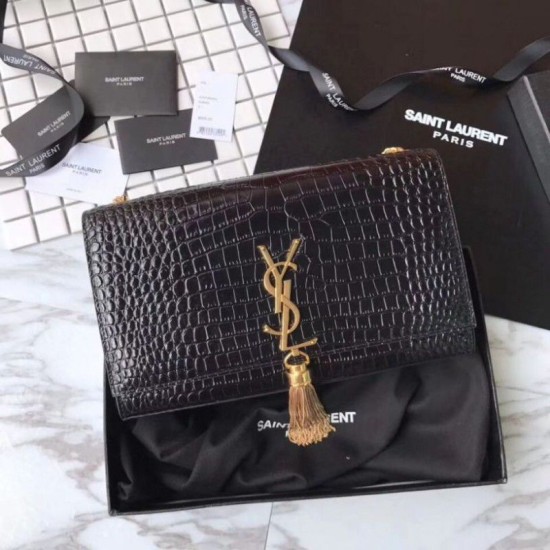Replica YSL Saint Laurent Medium Kate Monogram Tassel Croco Leather Shoulder Bag Black Fake YSL Saint Laurent Medium Kate Monogram Tassel Croco Leather Shoulder Bag Black Replica