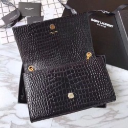 Fake YSL Saint Laurent Medium Kate Monogram Tassel Croco Leather Shoulder Bag Black Replica