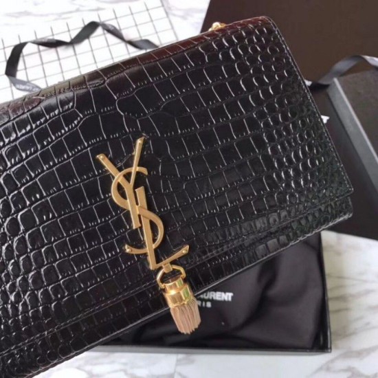 Replica YSL Saint Laurent Medium Kate Monogram Tassel Croco Leather Shoulder Bag Black Fake YSL Saint Laurent Medium Kate Monogram Tassel Croco Leather Shoulder Bag Black Replica