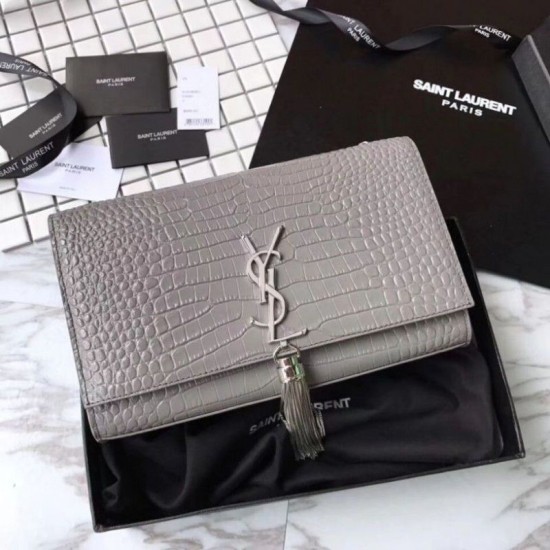 Replica YSL Saint Laurent Medium Kate Monogram Tassel Croco Leather Shoulder Bag Gray