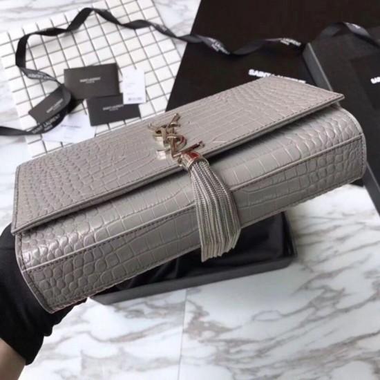 Replica YSL Saint Laurent Medium Kate Monogram Tassel Croco Leather Shoulder Bag Gray