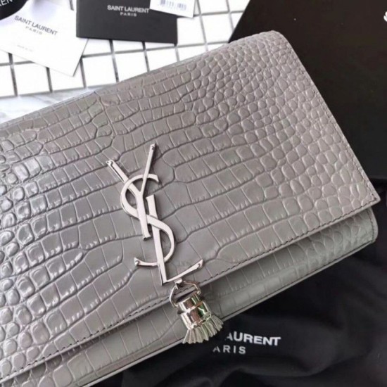 Replica YSL Saint Laurent Medium Kate Monogram Tassel Croco Leather Shoulder Bag Gray