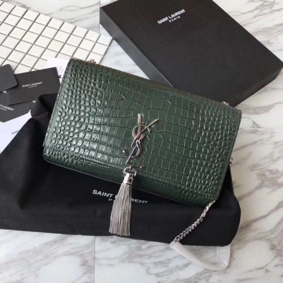 Fake YSL Saint Laurent Medium Kate Monogram Tassel Croco Leather Shoulder Bag Green Replica Replica YSL Saint Laurent Medium Kate Monogram Tassel Croco Leather Shoulder Bag Green