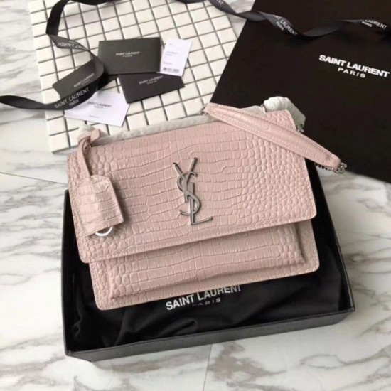 Fake YSL Saint Laurent Medium Sunset Bag In Crocodile Embossed Shiny Leather Apricot Replica