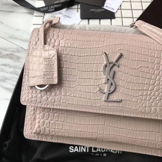 Fake YSL Saint Laurent Medium Sunset Bag In Crocodile Embossed Shiny Leather Apricot Replica