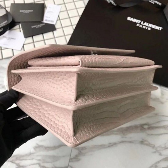 Fake YSL Saint Laurent Medium Sunset Bag In Crocodile Embossed Shiny Leather Apricot Replica