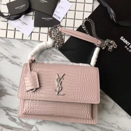 Fake YSL Saint Laurent Medium Sunset Bag In Crocodile Embossed Shiny Leather Apricot Replica