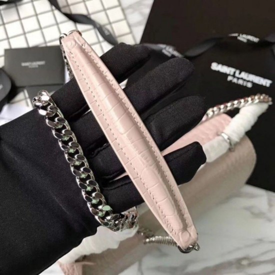 Fake YSL Saint Laurent Medium Sunset Bag In Crocodile Embossed Shiny Leather Apricot Replica