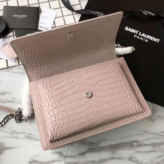 Fake YSL Saint Laurent Medium Sunset Bag In Crocodile Embossed Shiny Leather Apricot Replica