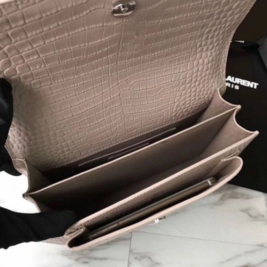 Fake YSL Saint Laurent Medium Sunset Bag In Crocodile Embossed Shiny Leather Apricot Replica