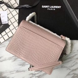 Fake YSL Saint Laurent Medium Sunset Bag In Crocodile Embossed Shiny Leather Apricot Replica