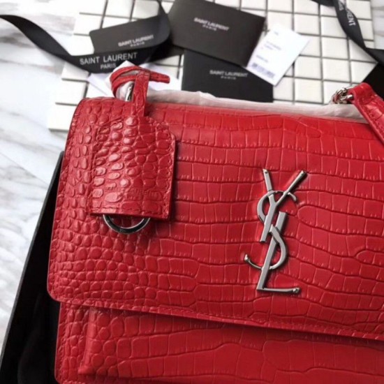 Replica YSL Saint Laurent Medium Sunset Bag In Crocodile Embossed Shiny Leather Red