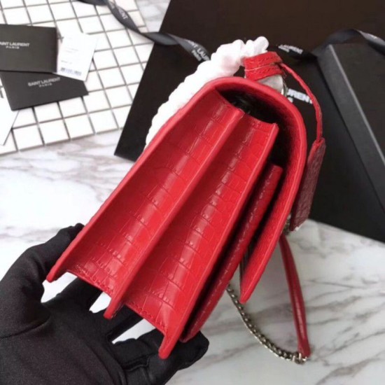 Replica YSL Saint Laurent Medium Sunset Bag In Crocodile Embossed Shiny Leather Red