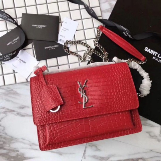 Replica YSL Saint Laurent Medium Sunset Bag In Crocodile Embossed Shiny Leather Red