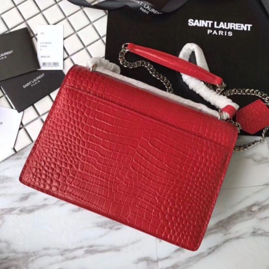 Replica YSL Saint Laurent Medium Sunset Bag In Crocodile Embossed Shiny Leather Red