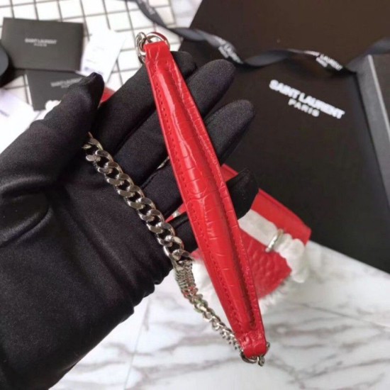 Replica YSL Saint Laurent Medium Sunset Bag In Crocodile Embossed Shiny Leather Red