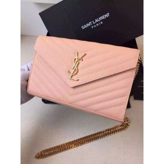 Replica Saint Laurent Chain Wallet In Beige Grain Leather