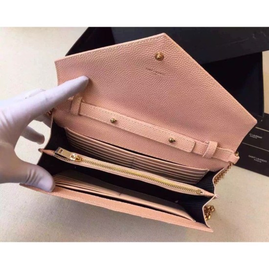 Replica Saint Laurent Chain Wallet In Beige Grain Leather