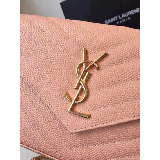 Replica Saint Laurent Chain Wallet In Beige Grain Leather