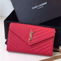Replica Saint Laurent Chain Wallet In Red Grain Leather