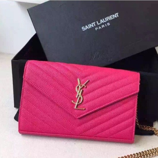 Replica Saint Laurent Chain Wallet In Rose Red Grain Leather