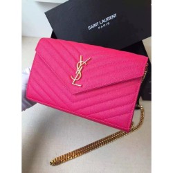 Replica Saint Laurent Chain Wallet In Rose Red Grain Leather