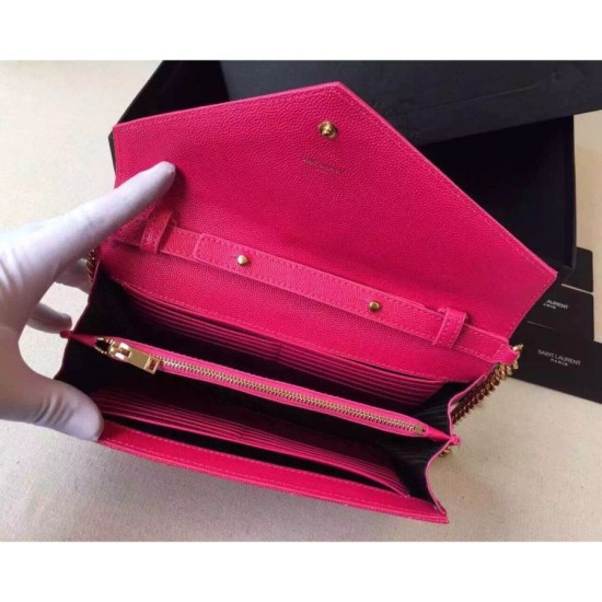 Replica Saint Laurent Chain Wallet In Rose Red Grain Leather