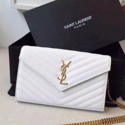 Replica Saint Laurent Chain Wallet In White Grain Leather