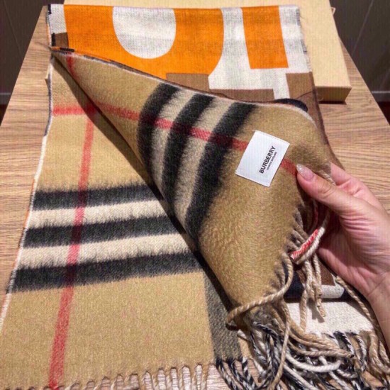 Replica Burberry Double-sided Letter Logo Check Cashmere Wool Shawl 30 x 180 orange