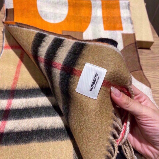 Replica Burberry Double-sided Letter Logo Check Cashmere Wool Shawl 30 x 180 orange