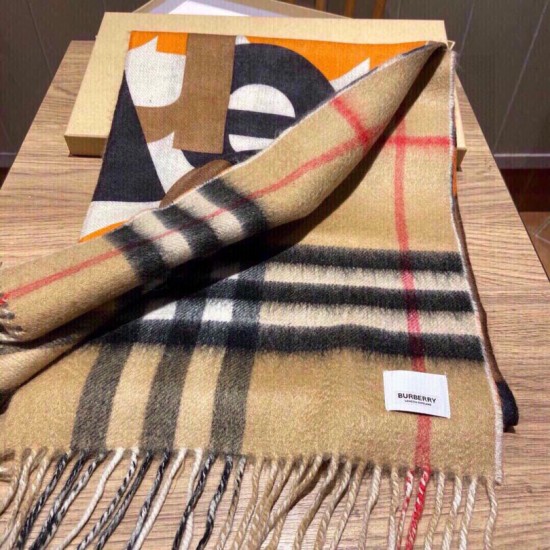 Replica Burberry Double-sided Letter Logo Check Cashmere Wool Shawl 30 x 180 orange