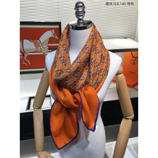 Replica Hermes fun horsehead cashmere silk Shawl 140 Orange