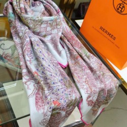 Replica Hermes flower wing brocade cashmere silk Shawl 140 Rose