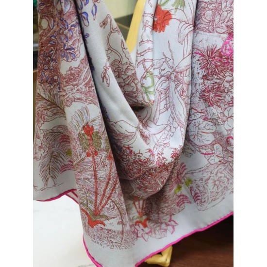 Replica Hermes flower wing brocade cashmere silk Shawl 140 Rose