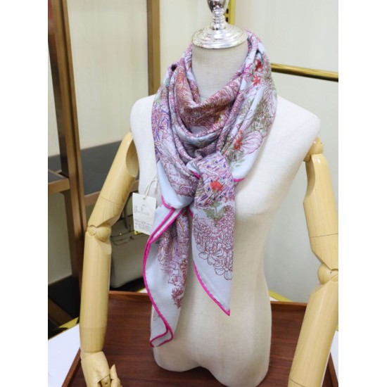 Replica Hermes flower wing brocade cashmere silk Shawl 140 Rose