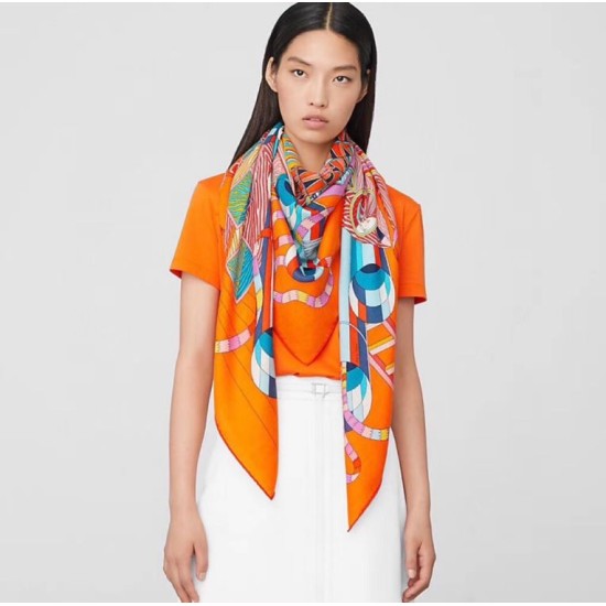 Fake Hermes extended cashmere silk square Shawl 140cm Orange Replica