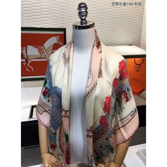Fake Hermes walks in paris Cashmere silk square Shawl 140 Pink Replica