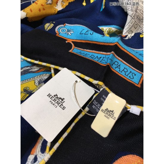 Fake Hermes walks in paris Cashmere silk square Shawl 140 Blue Replica