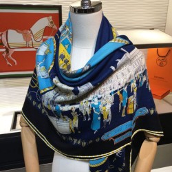 Fake Hermes walks in paris Cashmere silk square Shawl 140 Blue Replica