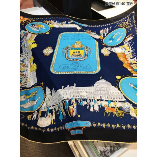 Fake Hermes walks in paris Cashmere silk square Shawl 140 Blue Replica