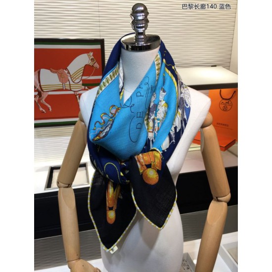 Fake Hermes walks in paris Cashmere silk square Shawl 140 Blue Replica