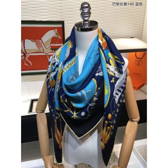 Fake Hermes walks in paris Cashmere silk square Shawl 140 Blue Replica