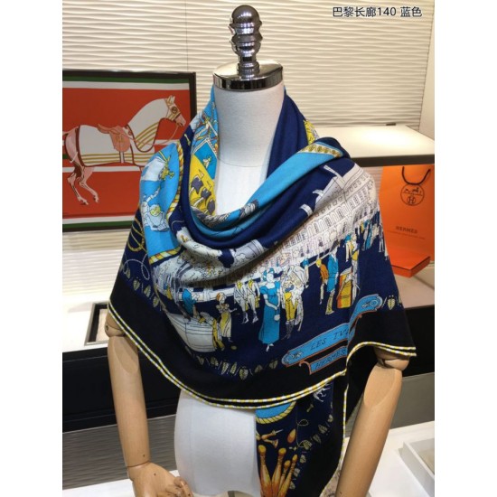 Fake Hermes walks in paris Cashmere silk square Shawl 140 Blue Replica