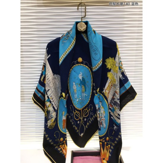 Fake Hermes walks in paris Cashmere silk square Shawl 140 Blue Replica