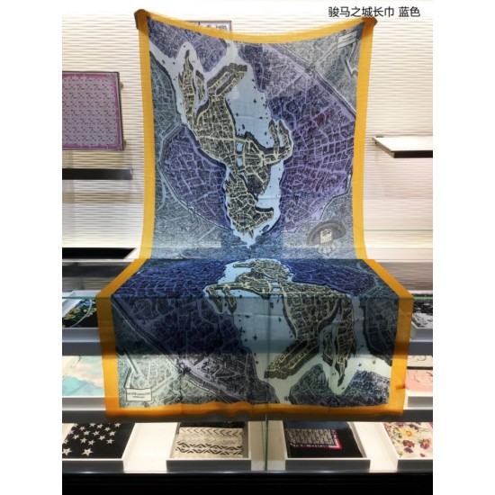 Replica Hermes City of Horses Cashmere Scarf 110 x 200 Blue