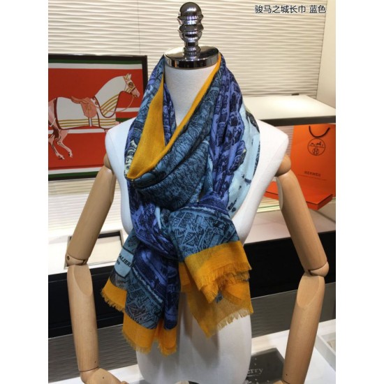 Replica Hermes City of Horses Cashmere Scarf 110 x 200 Blue