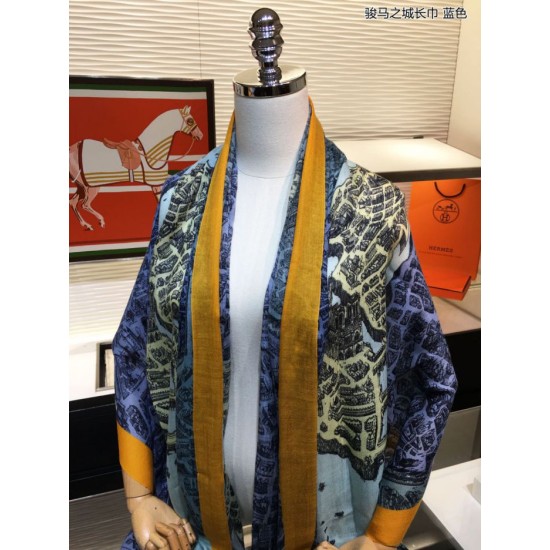 Replica Hermes City of Horses Cashmere Scarf 110 x 200 Blue