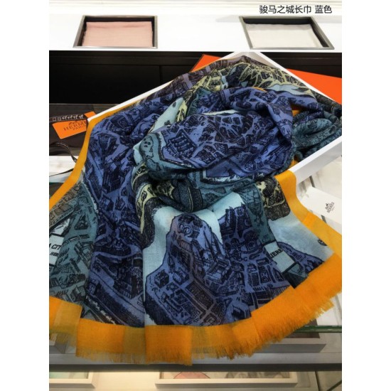 Replica Hermes City of Horses Cashmere Scarf 110 x 200 Blue